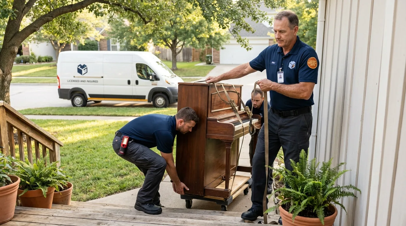 Licensed piano movers securing grand piano in Sylvan Beach, NY